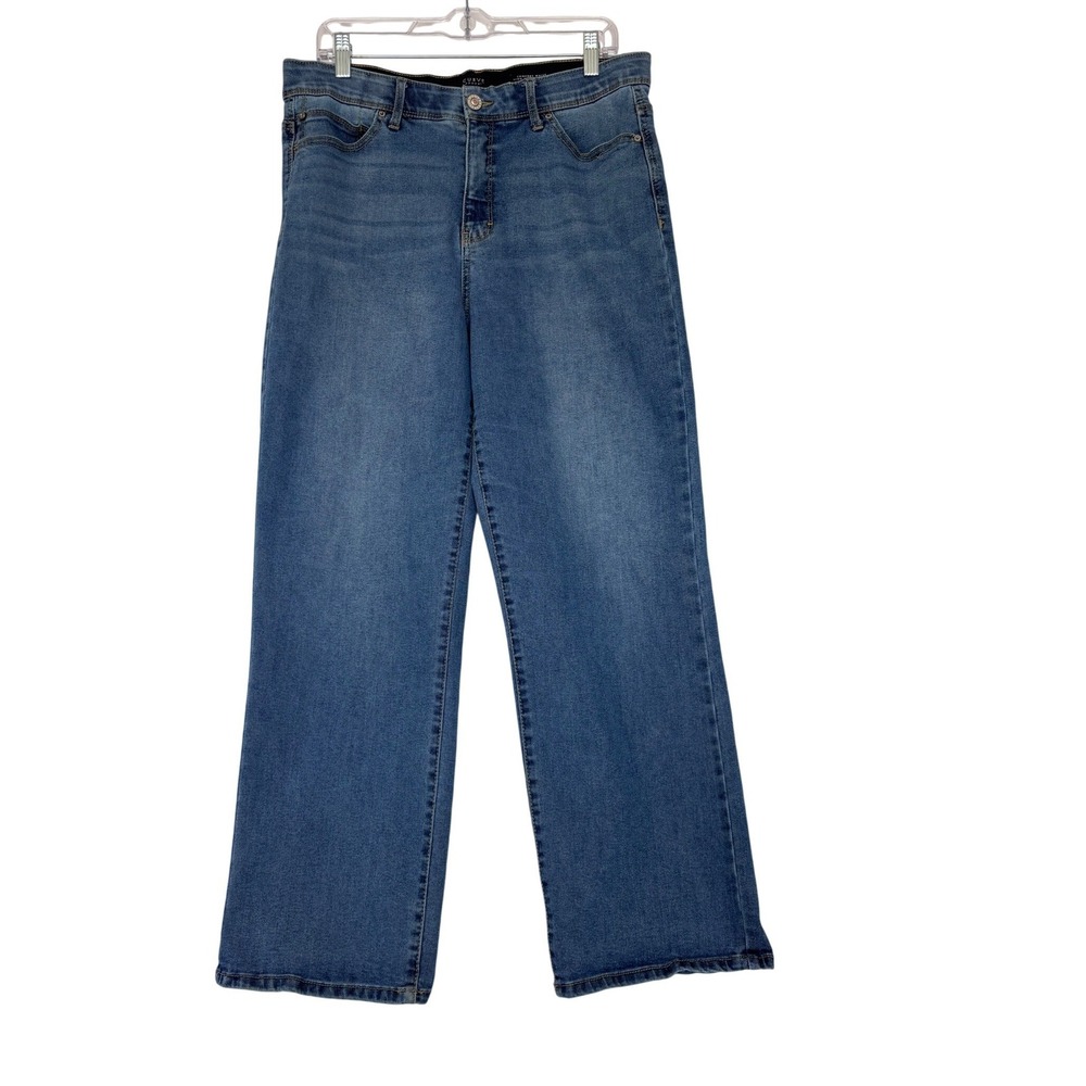 Curve Appeal Womens High Rise Straight Leg Comfort Waist Blue Jeans 14/32
